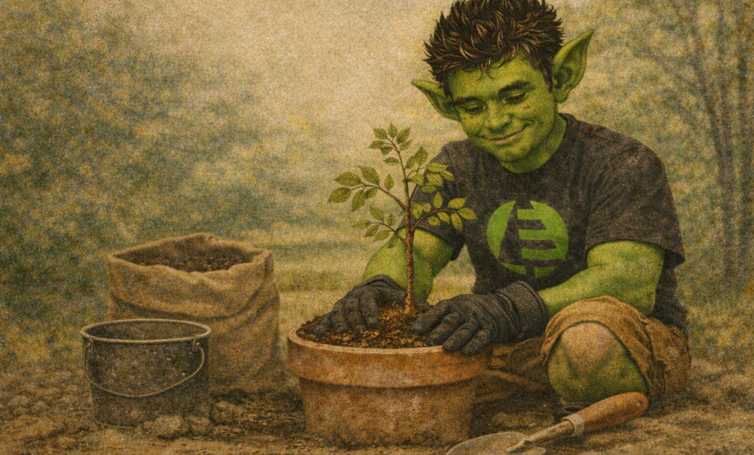 Green Man planting a native tree seedling for the WildFest grow your own guide.